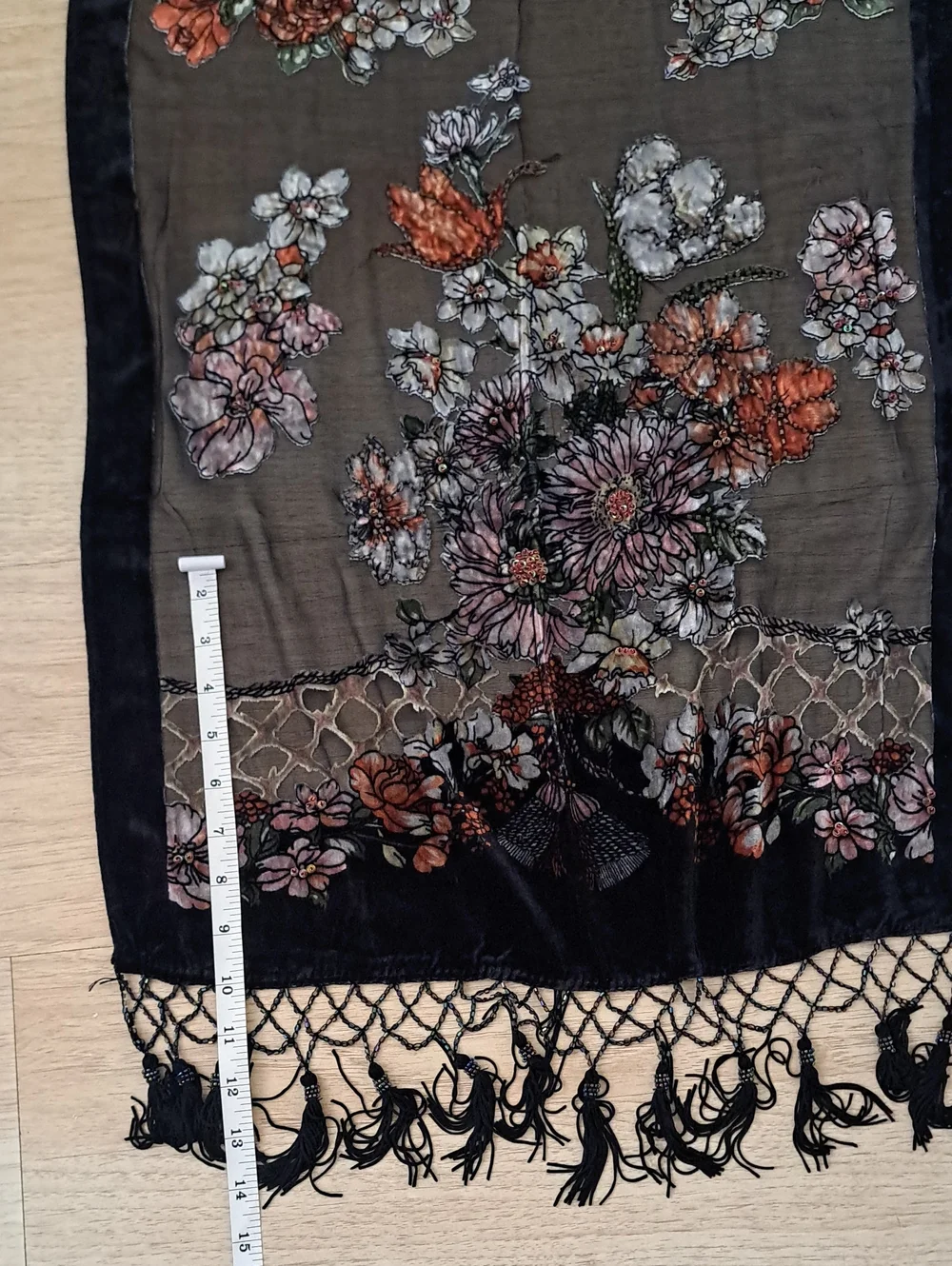 Vintage Black Sheer Floral Scarf with Fringe 100% Silk